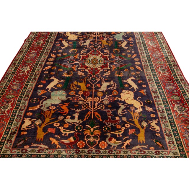 Persian Vintage Shiraz Handmade Pictorial Designed Blue Wool Rug For Sale - Image 3 of 11