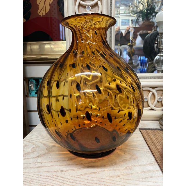 Glass Vintage Hand Blown Amber Swirl Tortoise Spotted Glass Vase For Sale - Image 7 of 8
