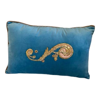 Early 19th Century Pillow Turquoise Velvet With Handmade Gold Embroidery For Sale
