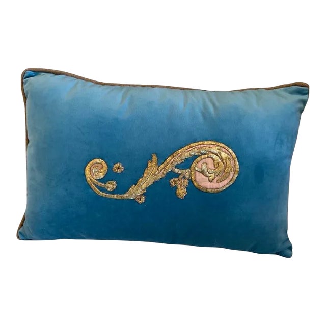 Early 19th Century Pillow Turquoise Velvet With Handmade Gold Embroidery For Sale