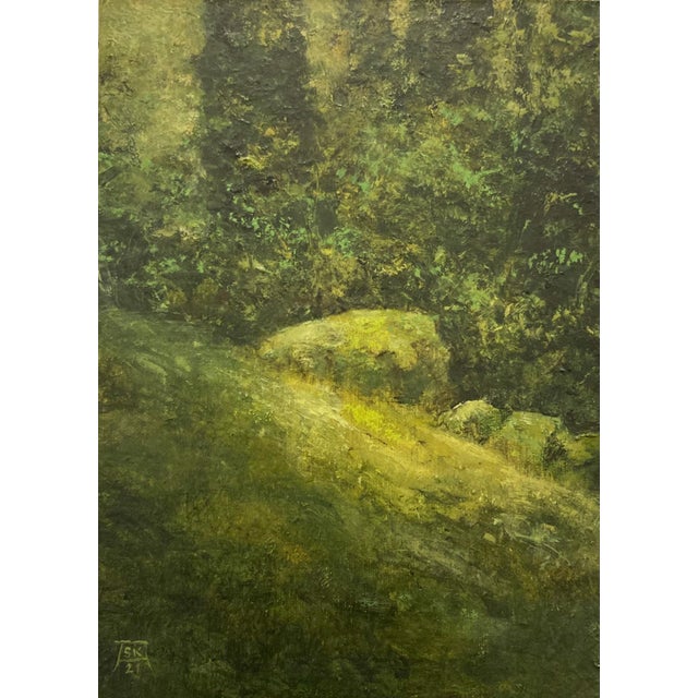 A Spring Thicket by Shawn Krueger | Oil on linen depicting a lush green thicket with rocks. For Sale