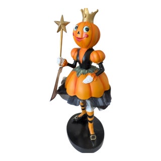 Whimsical Halloween Girl, Pumpkin Head Sculpture, With a Crown and Wand With Star Cheerful For Sale