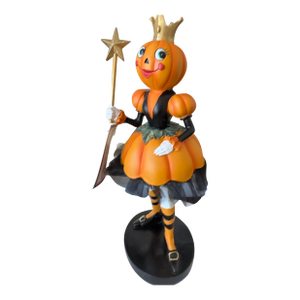 Whimsical Halloween Girl, Pumpkin Head Sculpture, With a Crown and Wand With Star Cheerful