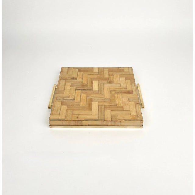 Rattan & Brass Serving Tray by Tommaso Barbi, Italy, 1970s For Sale - Image 9 of 10