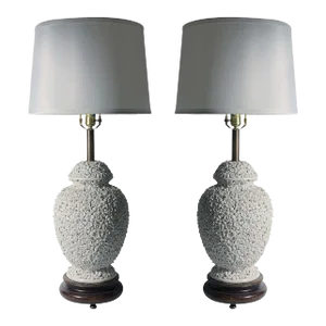 Vintage Italian Antonio Zen White Flower Lamps - A Pair