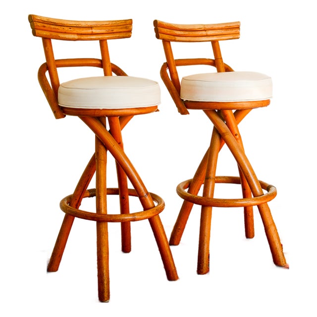 1970s Bent Rattan Swivel Bar Stools Attributed to Paul Frankl- Set of Two For Sale