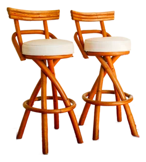 1970s Bent Rattan Swivel Bar Stools Attributed to Paul Frankl- Set of Two