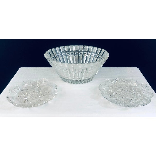 White Hand Cut Crystal Bowl & Two Small Plates For Sale - Image 8 of 8
