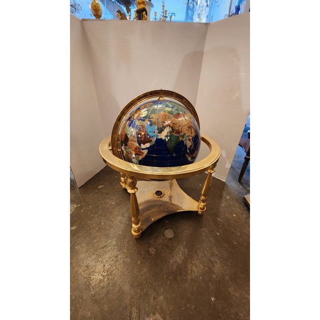 Metal Late 20th Century Rotating Faux Hardstone Globe With Brass Frame For Sale - Image 7 of 8
