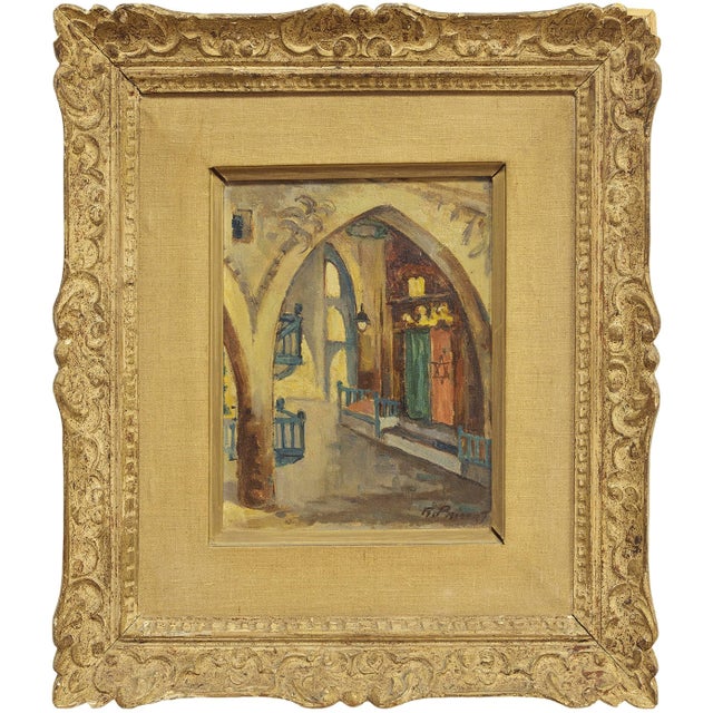 Framed Judaica oil painting of architecture interior of synagogue in Tzfat, Safed, Israel: by Raphaël Pricert. Born in...