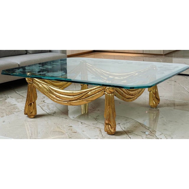 1960s Hollywood Regency Italian Carved Giltwood and Glass Coffee Table For Sale - Image 5 of 5