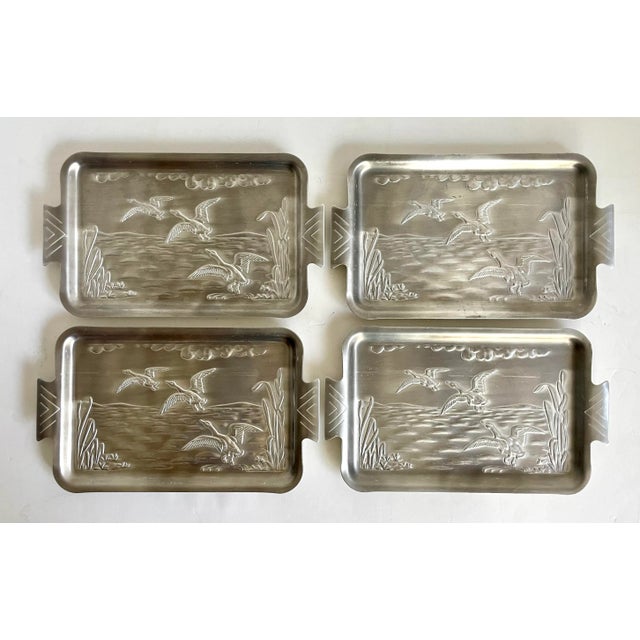 Metal Mid 20th Century Set of 4 Petite Aluminum Silver Japanese Embossed Trays For Sale - Image 7 of 7