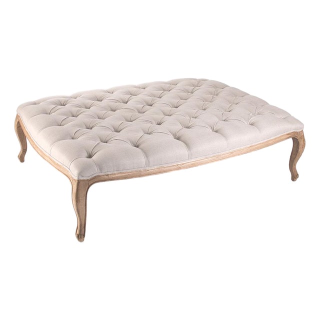 Maison Tufted Ottoman with Cabriole Legs - Linen / Oak Frame For Sale