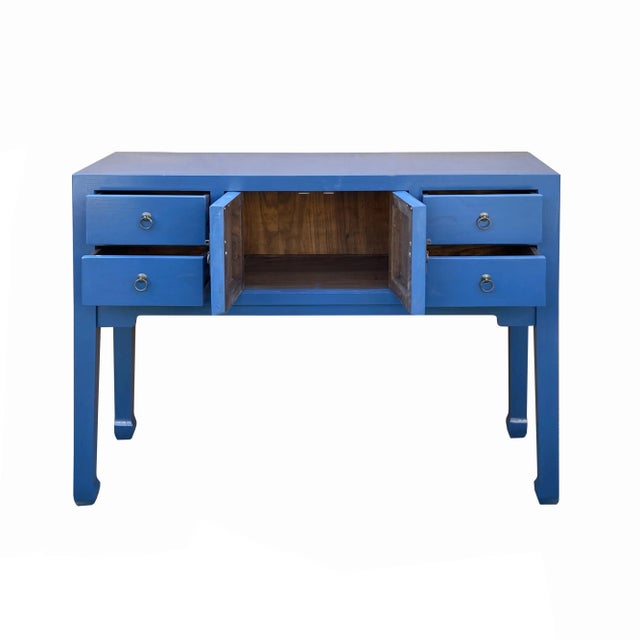 Wood Oriental Bright Blue Long Moon Face 4 Drawers Slim Foyer Table For Sale - Image 7 of 7