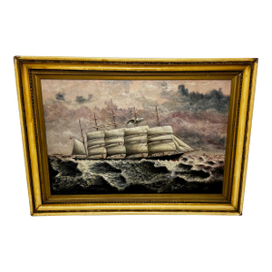 Dramatic Large Framed Antique Oil Painting Seascape 5 Masted Steel Hull Sailing Ship Potosi Navigating Drakes Passage