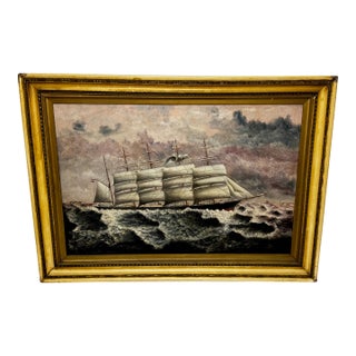 Large Framed Antique Oil Painting Seascape 5 Masted Steel Hull Sailing Ship Potosi Navigating Drakes Passage For Sale