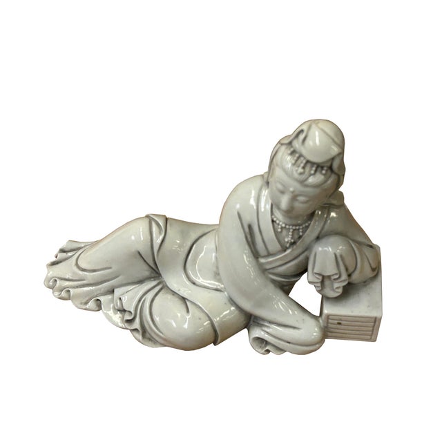 Chinese Vintage Finish Off White Porcelain Reclining Kwan Yin , Bodhisattva Statue For Sale - Image 9 of 13