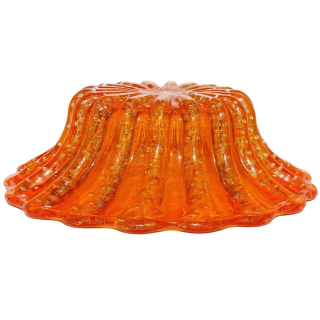 Vintage Barovier Toso Murano Bright Orange Bubbles Gold Flecks Italian Art Glass Scalloped Bowl For Sale In Orlando - Image 6 of 8