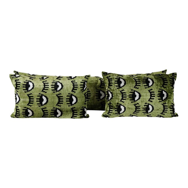 Green Silk Ikat Velvet Eye Bench Pillow Case - Set of Three For Sale