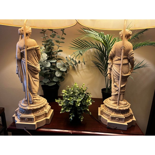 Early 20th Century Large Neoclassical Figural Table Lamps in Cast Stone, 36” – Pair For Sale - Image 12 of 12