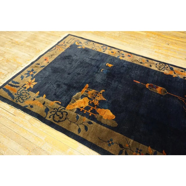 Textile 1920s Blue Navy Vase Floral Antique Chinese Art Deco Carpet 5' X 7'7" Knotted Wool Rug For Sale - Image 7 of 13