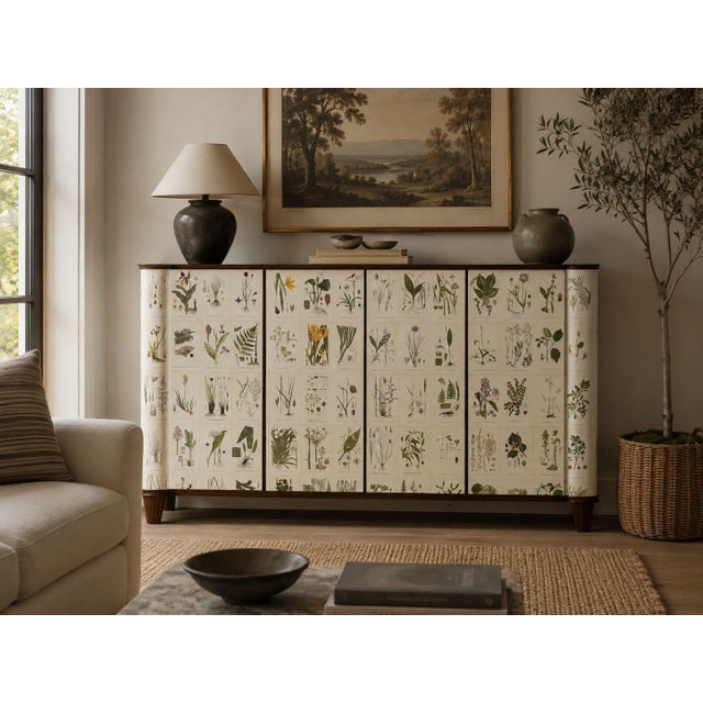 Swedish Mid-Century Modern, Monumental Nordens Flora Cabinet, Mahogany, Flame Birch, Floral Lithographs, Sweden, 1940s A...