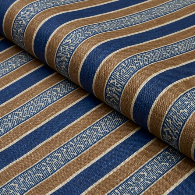 Schumacher SAMPLE - Schumacher Auguste Stripe Fabric In Marine & Cognac For Sale - Image 4 of 5