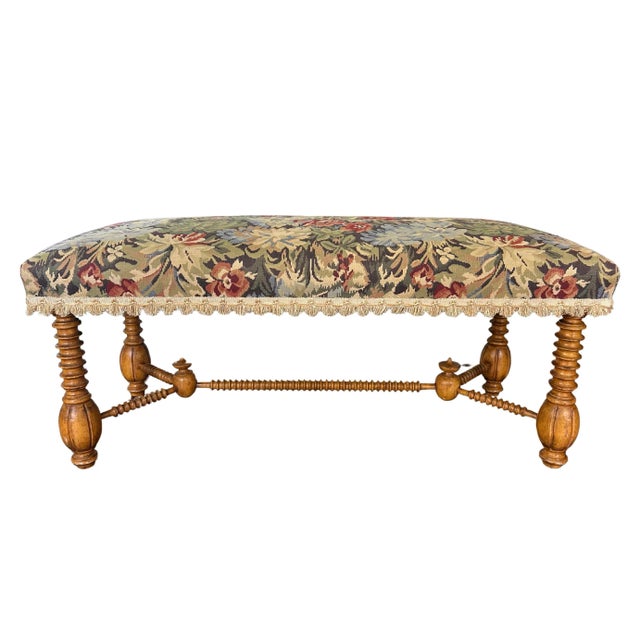 Vintage Jacobean Tapestry Hall Bench With Turned Wood Legs, Scalloped Fringe & Upholstered Floral Seat For Sale - Image 9 of 12