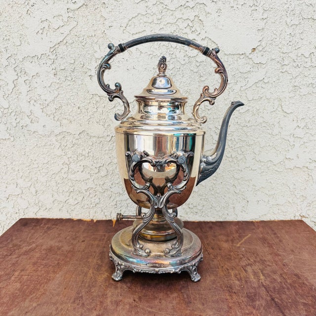 Victorian Early 1900s Silver Plated Teapot Kettle on Stand With Burner For Sale - Image 3 of 16
