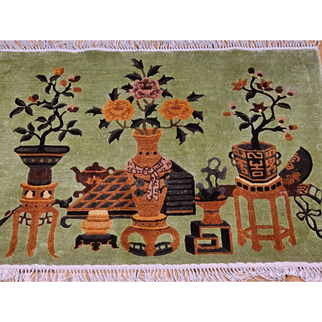 Green Pair of Vintage Chinese Art Deco Pictorial Rugs, Silk & Wool, Vase Motif, 2' x 3' For Sale - Image 8 of 12
