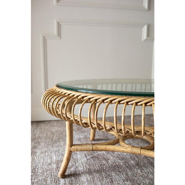 Tan Vintage Coastal Boho Round Rattan and Glass Coffee Table For Sale - Image 8 of 10