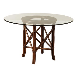 Hollywood Regency Round Glass Top Rattan Dining Table For Sale