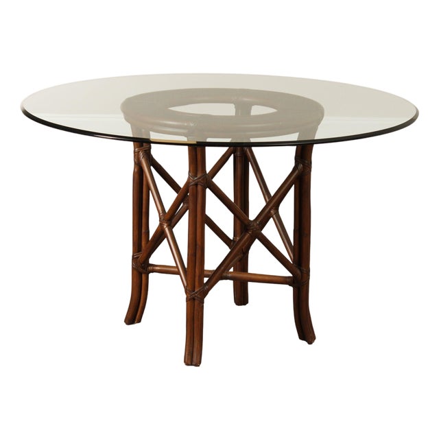 Hollywood Regency Round Glass Top Rattan Dining Table For Sale
