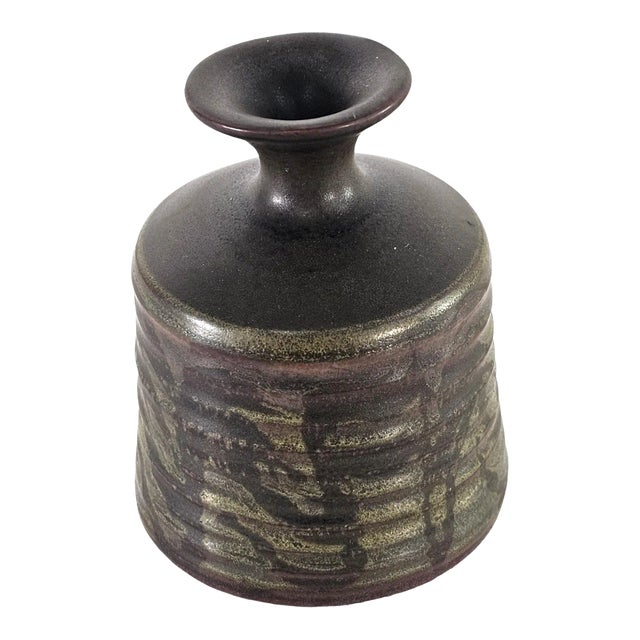 Mid Century American Brutalist Olive Green Glazed Ceramic Vase, 5" For Sale