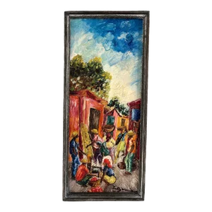 Vintage Tropical Village Oil Painting