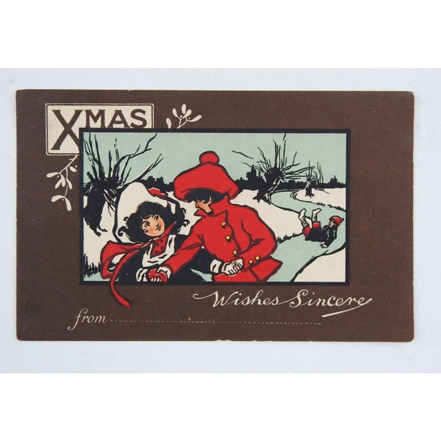Art Nouveau Antique Christmas Print Girls Ice Skating For Sale - Image 3 of 4