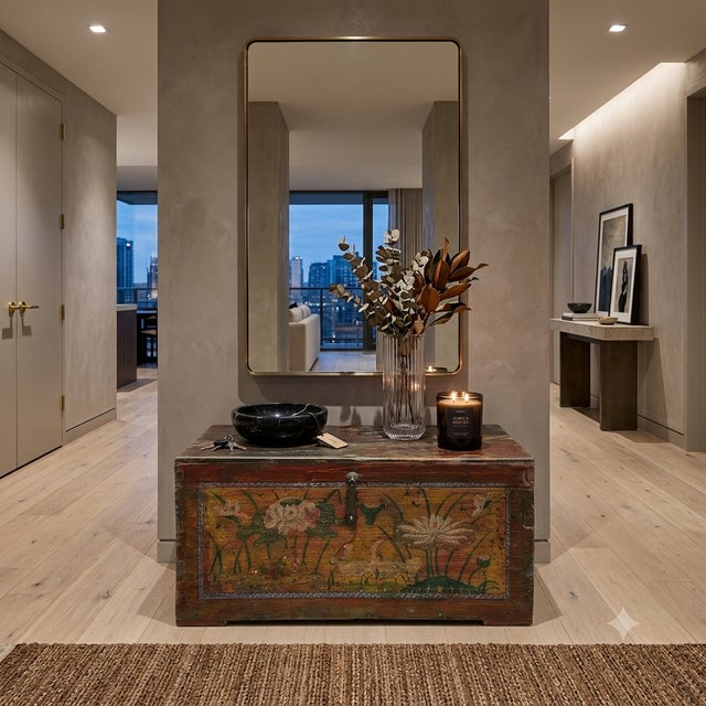 Vintage Distressed Brick Red Brown Lotus Cranes Oriental Wood Trunk Table For Sale In San Francisco - Image 6 of 12