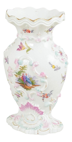 19th Century Porcelain Vase with Relief Decoration and Fête Galante Scenes from Meissen