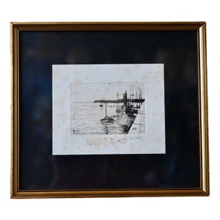 Boats at the Port, 1950s, Ink on Paper, Framed For Sale