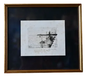 Boats at the Port, 1950s, Ink on Paper, Framed