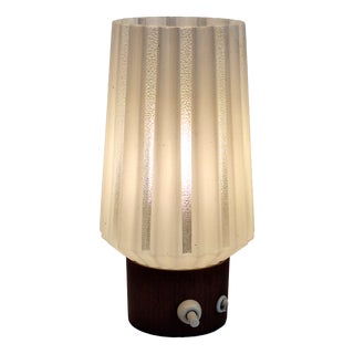 Mid-Century Table Lamp with Teak Base and White Striped Glass Shade, 1960s For Sale