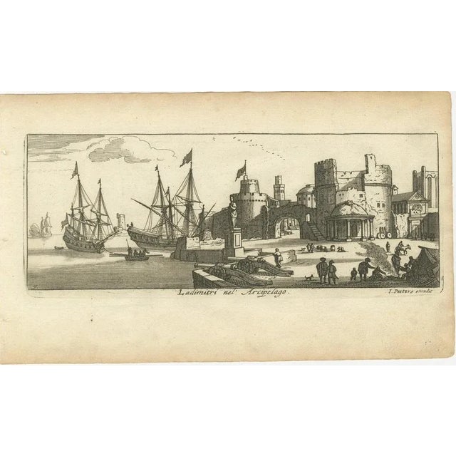 Title: Port Scene at Ladimiti in the Aegean Archipelago with Fortifications, ca. 1680 : This copperplate engraving depicts...