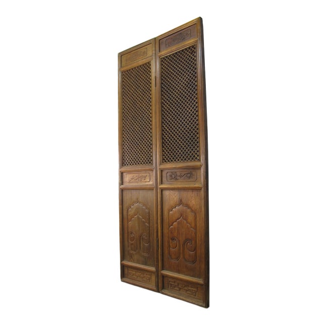 This pair antique Chinese screen door panels showcase hand made small checks lattice patterns. Each lattice panel has over...