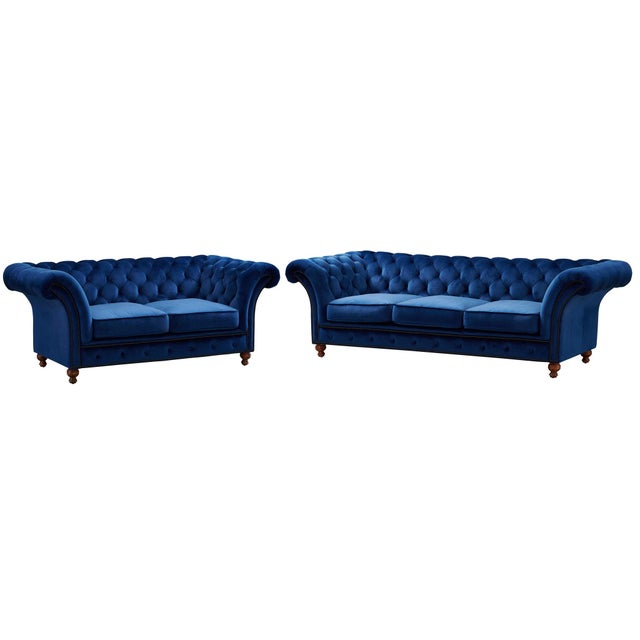 Contemporary Peyton Sloped Arm Chesterfield Love Seat - Blue Velvet For Sale - Image 3 of 7
