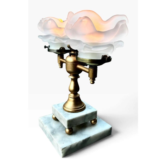 1950s Art Nouveau Style Double Arm Table Lamp With Frosted Floral Shaped Art Glass Shades For Sale - Image 6 of 15