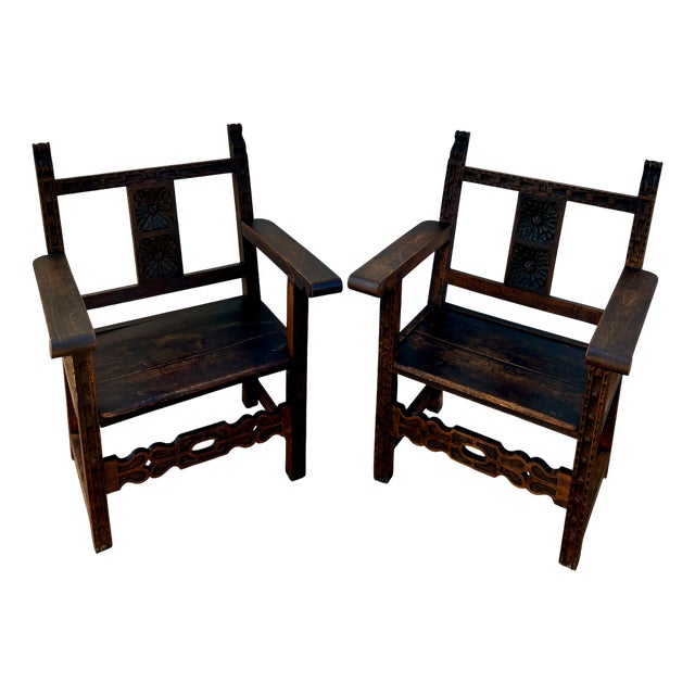 Set of 19th Century Spanish Colonial Carved Altar Armchairs with Wooden Seats For Sale