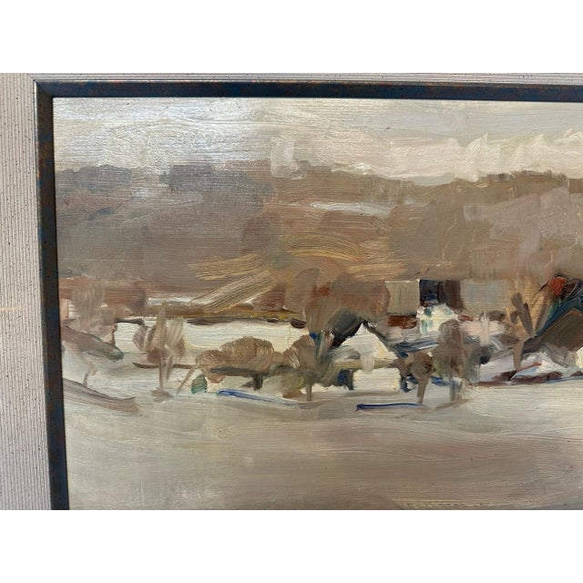 Unknown, Winter Landscape Village Snow, 1994, Oil on Cardboard For Sale - Image 9 of 13