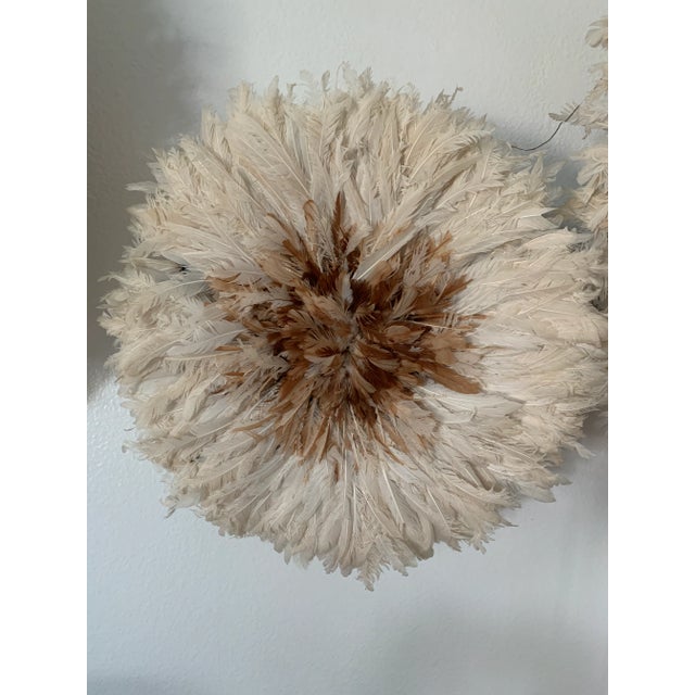 2010s African Juju Feather Headdress, 19 In. Diameter, White and Brown For Sale - Image 5 of 6