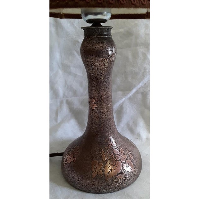 Art Nouveau Table Lamp with Formerly Silver Plated Copper Base & Segmented Beige Fabric Shade with Brown Ribbons, in Good...