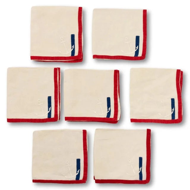Sz: 15 1/4" x 16" Linen w/ red edging, blue stripe, and subtle white embroidered anchor 1960s Set x 7